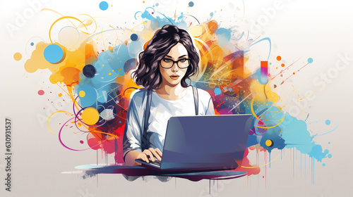 young woman working with laptop on abstract colorful background, illustration. Generative Ai. 