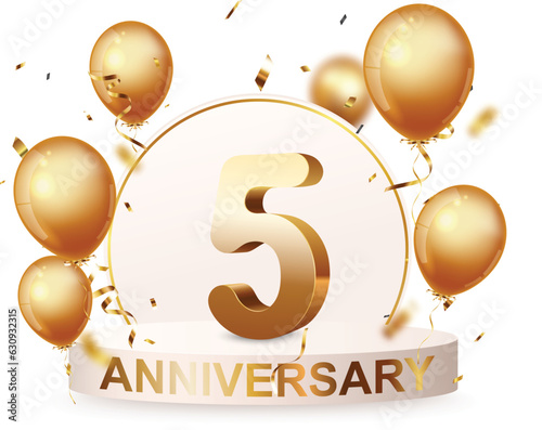 5th Anniversary celebration podium background with gold confetti and balloons