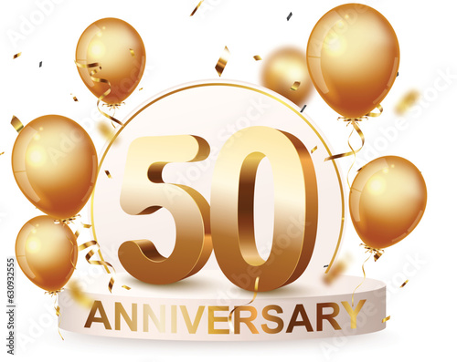 50th Anniversary celebration podium background with gold confetti and balloons