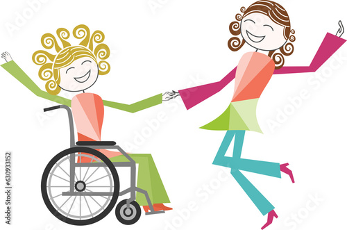 A woman in a wheelchair works with another person, smiling, on a PNG file