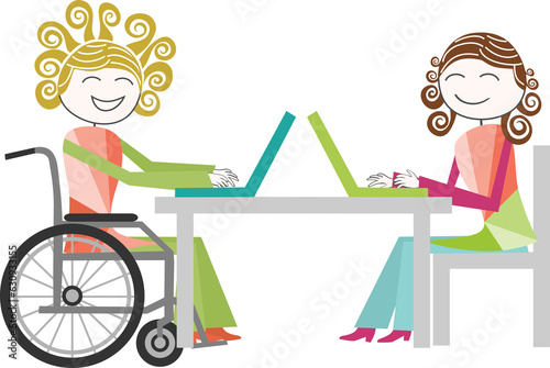 A woman in a wheelchair works with another person, smiling, on a PNG file