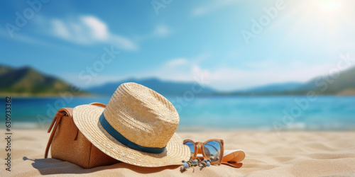Stylish Beach Essentials  A Photo-Realistic Collection Featuring Bag  Sandals  Sunglasses  Straw Hat  and UV Cream 