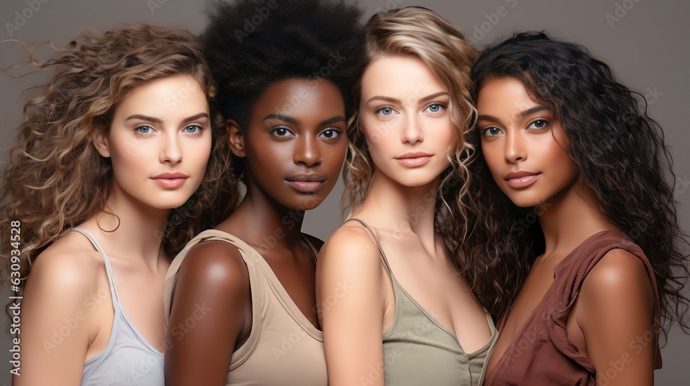 Obraz premium Portrait of beautiful women of different races smiling and happy on studio background