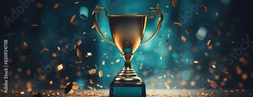 Gold trophy on blue background with golden confetti, trophy cup on blurred background, Generative AI photo