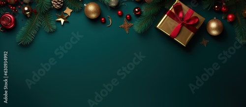 Christmas green banner with decoration and copy space, Generative AI