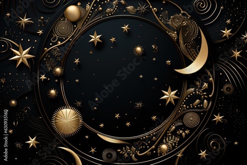 Golden decorations for the new year surrounded by stars on a black background, Generative AI
