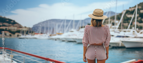 Summer Glamour by the Sea. Elegant Woman on a Pier with Boats in the French Riviera. Chic Maritime Vibes. 