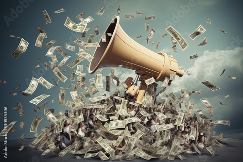 Wallpaper Mural Megaphone and banknotes falling on top of table on blue background, marketing and sales concept, Generative AI Torontodigital.ca