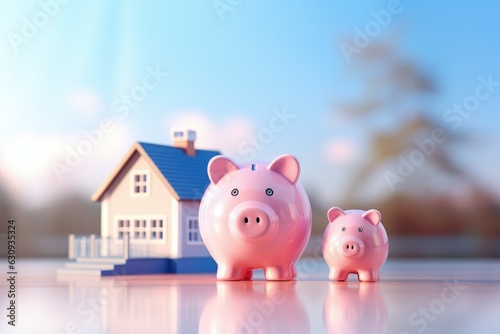 Piggy bank and miniature house on the table, real estate investment concept, Generative AI