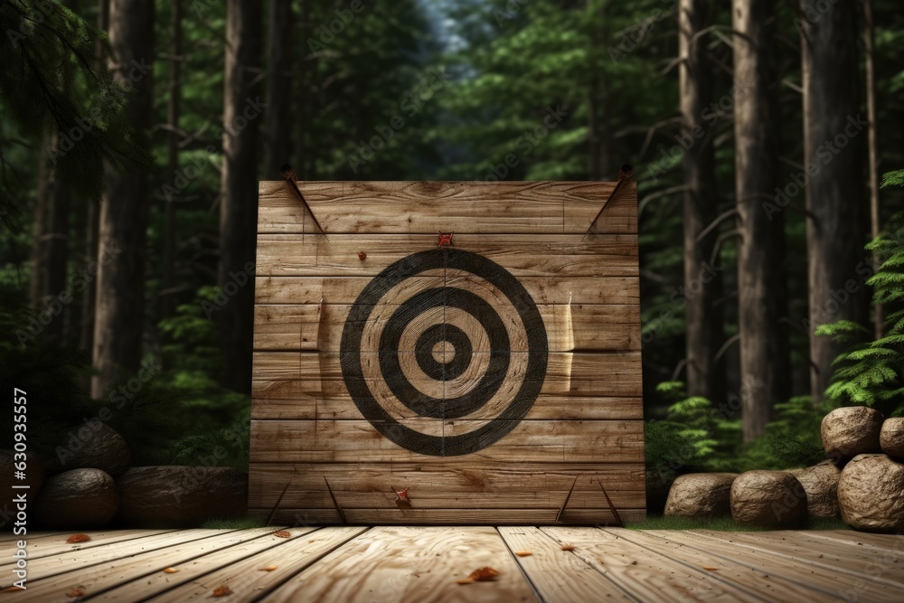 Arrow target on wooden background in forest, wooden dartboard, Generative AI
Arrow target on wooden background in forest, wooden dartboard, Generative AI