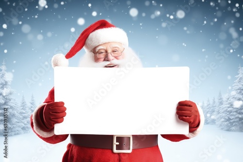 Santa Claus holding white paper on snowy background, Generative AI