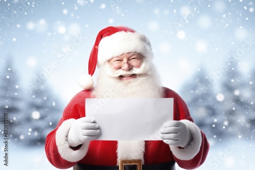 Santa Claus holding white paper on snowy background, Generative AI © Kaleb