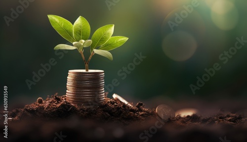 Stacks of coins in a row on the dirt floor with plants growing on top, finance and investment concept, Generative AI