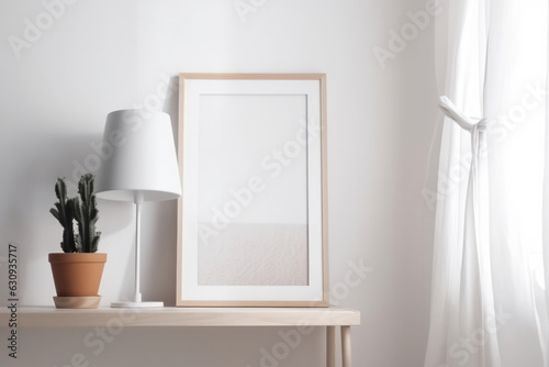 A sleek and practical table with a lamp and picture frame mockup adds to the elegant simplicity of this modern room. AI Generative.