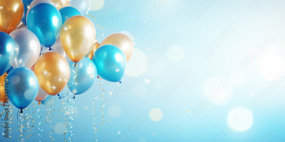 birthday party balloons with confetti on light blue background - Generative AI birthday party balloons with confetti on light blue background - Generative AI