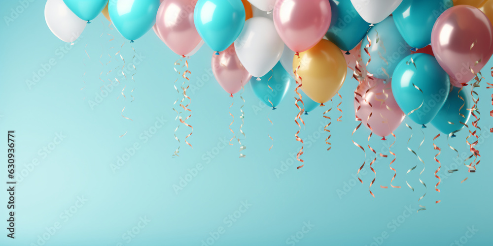 birthday party balloons with confetti on light blue background - Generative AI birthday party balloons with confetti on light blue background - Generative AI