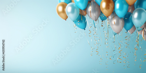 birthday party balloons with confetti on light blue background - Generative AI