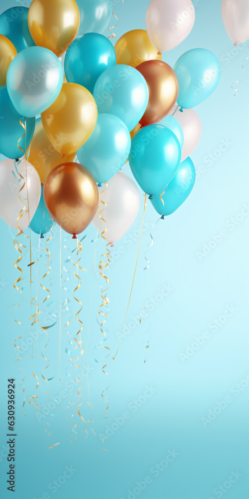 birthday party balloons with confetti on light blue background - Generative AI birthday party balloons with confetti on light blue background - Generative AI