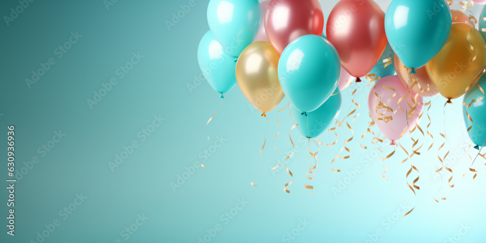 birthday party balloons with confetti on light blue background - Generative AI birthday party balloons with confetti on light blue background - Generative AI