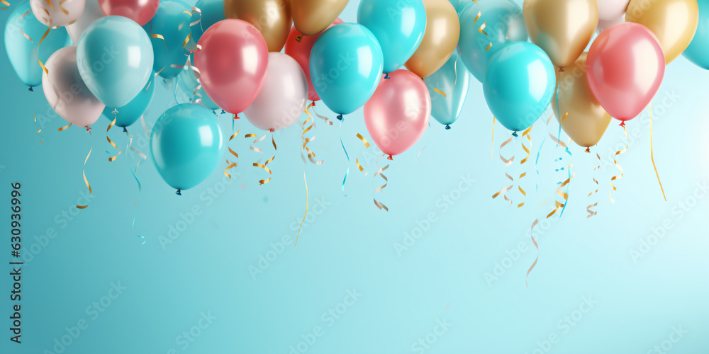 birthday party balloons with confetti on light blue background - Generative AI birthday party balloons with confetti on light blue background - Generative AI