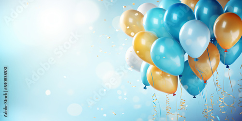 birthday party balloons with confetti on light blue background - Generative AI
