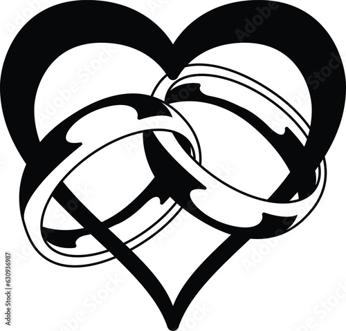 Wedding rings heart. Intertwined wedding rings and heart design. marriage bands and heart.