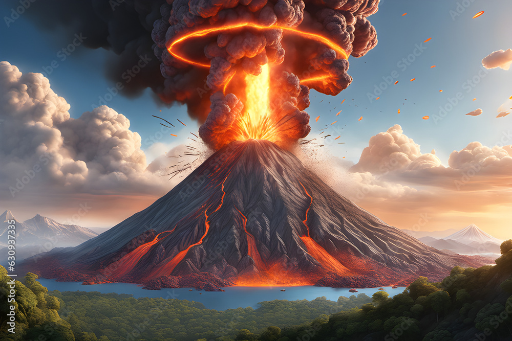 a huge eruption of a volcano. Generative AI - obrazy, fototapety, plakaty 