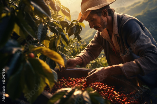 Fields of Coffee. Worker with Straw Hat Harvesting Coffee Beans in a Sunlit Plantation. AI Generative. 