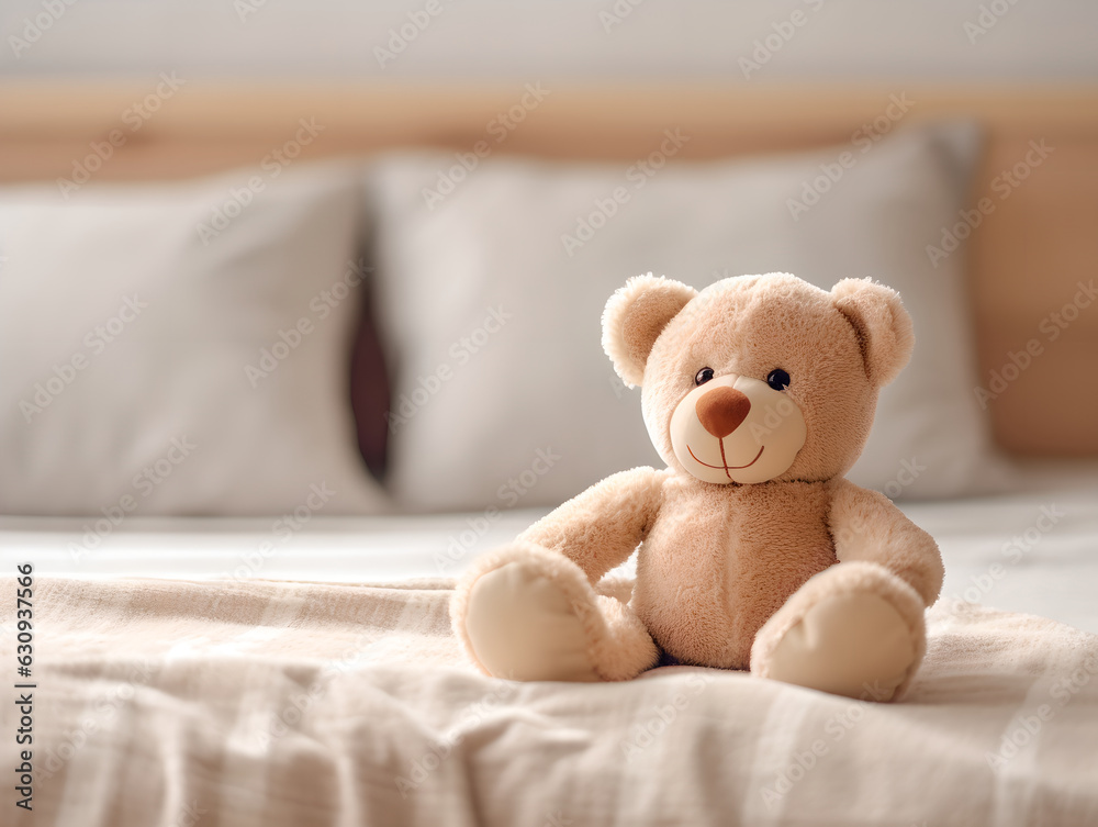 Children's bed with toy bear in cozy bed, Cute teddy bear sitting on children's bedroom