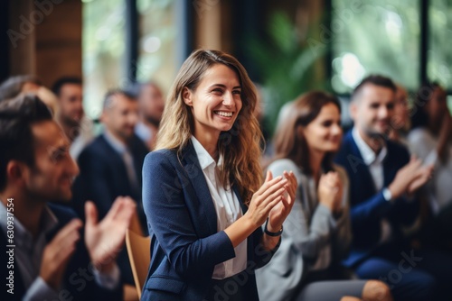 Applause. Happy business people as the audience at a seminar with support or motivation. Smiling team and staff are clapping for success, deal, or celebration in a workshop or conference.