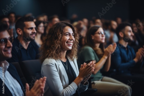 Applause. Happy business people as the audience at a seminar with support or motivation. Smiling team and staff are clapping for success, deal, or celebration in a workshop or conference. photo