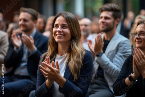 Applause. Happy business people as the audience at a seminar with support or motivation. Smiling team and staff are clapping for success  deal  or celebration in a workshop or conference.