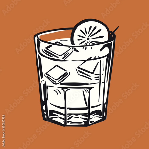 Vintage Cocktail drink illustration with Lemon and Ice