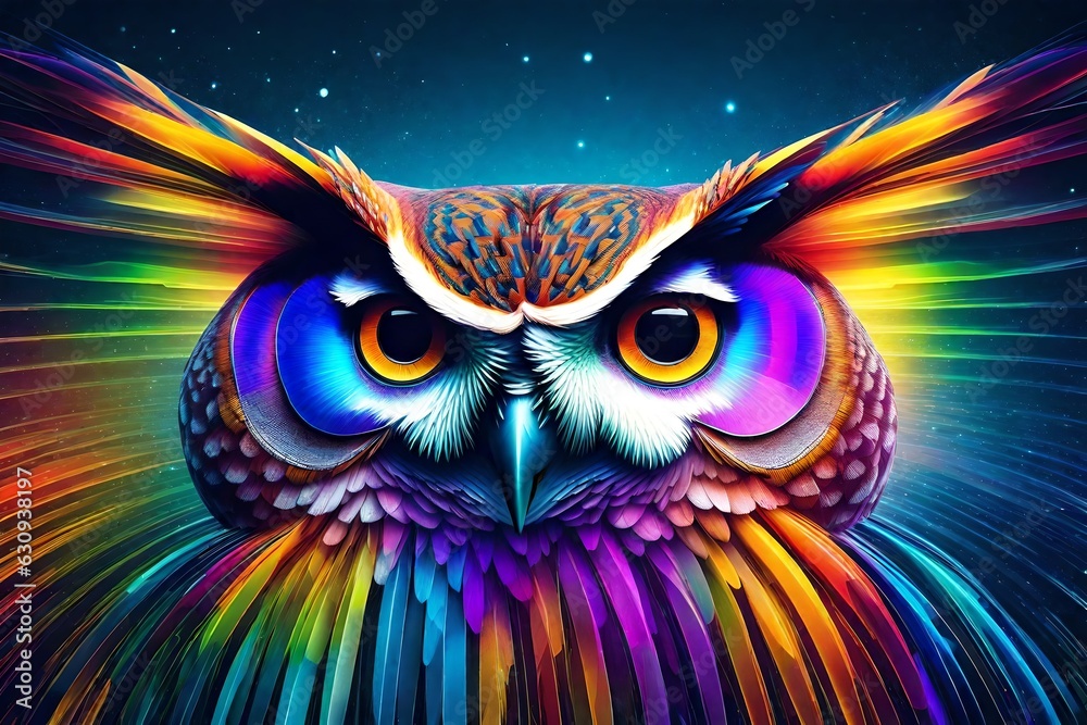close up view owl rainbow colors generated by AI tool