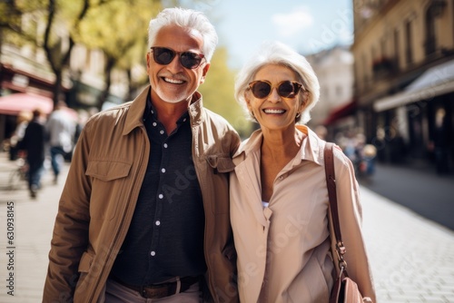 A happy elderly couple walking in the city Retired people enjoying a walk on the streets in spring Couple's relationship and pensioner's