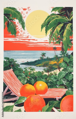 holiday in paradise - Risograph screenprint artwork - idyllic beach holiday resort photo