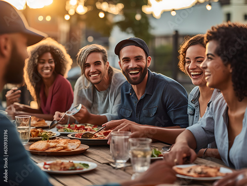 A diverse group of people eating around a table outside at the restaurant. People of diverse ethnic having fun together sitting around the dining table