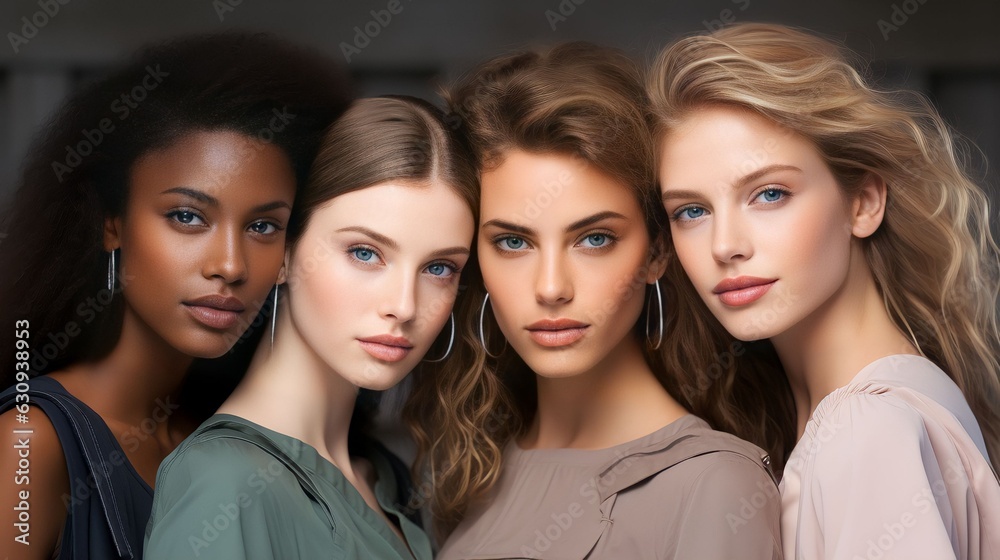 Obraz premium Portrait diversity beauty women with skincare smile and happy models, different and empowerment with motivation against studio background