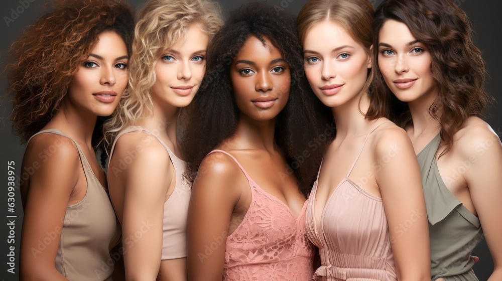 Fototapeta premium Portrait diversity beauty women with skincare smile and happy models, different and empowerment with motivation against studio background
