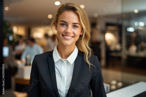Smiling good-looking saleswoman Cashier serving customers