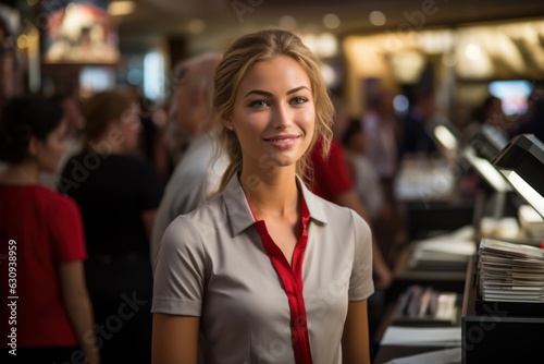 Smiling good-looking saleswoman Cashier serving customers © sirisakboakaew