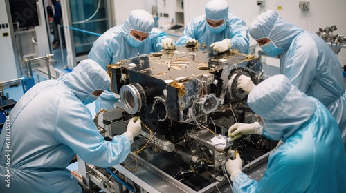 Group of scientists and engineers in a sterile lab room assembling device machinery