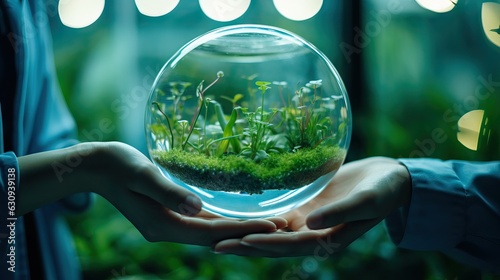 glass terrarium ecosystem being passed between generation hands photo