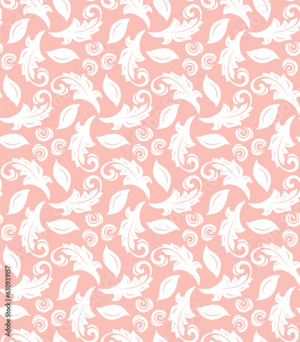 Floral vector ornament. Seamless abstract classic background with pink and white leaves. Pattern with repeating floral elements. Ornament for wallpaper and packaging