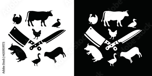 Butcher icon logo design, cutting design of cattle, chicken, turkey, sheep, goose, duck, knife design for butchering animals and poultry. Retro Vintage Butcher shop label with crossed machetes. Bucher