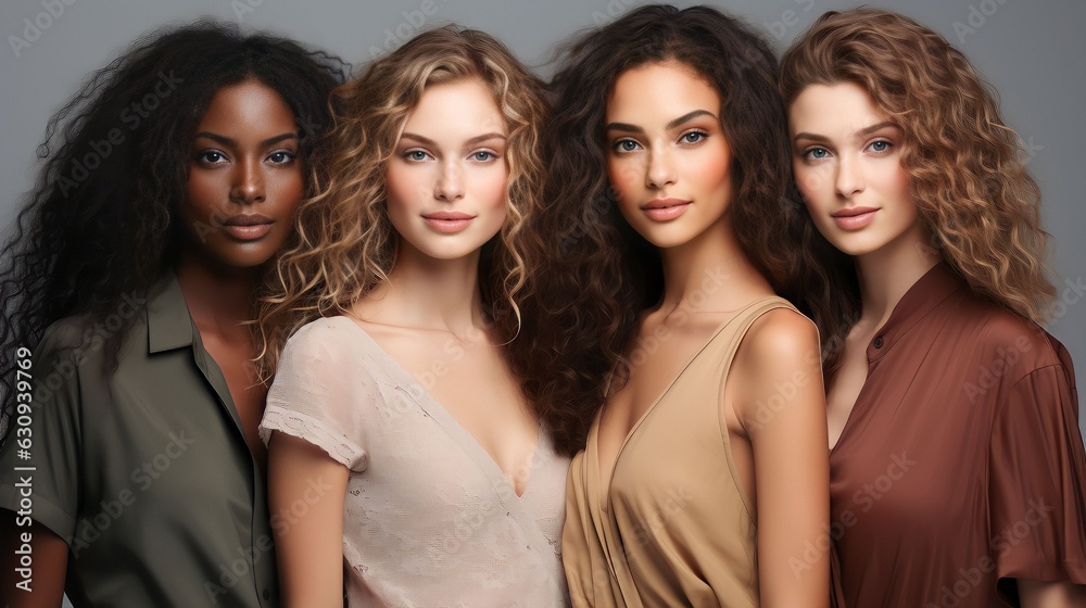 Portrait diversity beauty women with skincare smile and happy models, different and empowerment with motivation against studio background