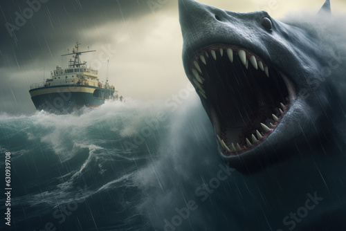 The giant shark megalodon attacks a ship in a stormy sea.