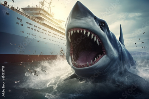 The giant shark megalodon attacks a ship in a stormy sea. photo