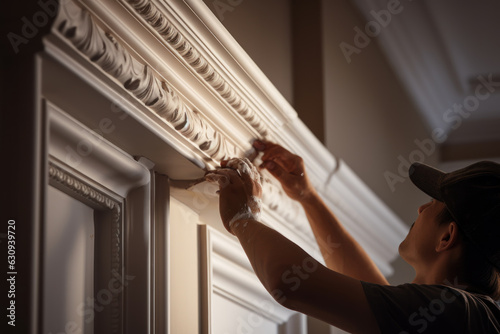 Man's hands create plaster moldings on the cornice in an old mansion. photo