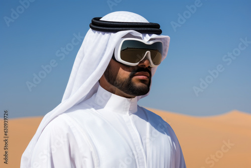Emirati man wearing white kandura with VR glasses are standing in the desert. © July P